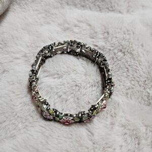Vintage Silver Bracelet with Pink and Green Floral Accents